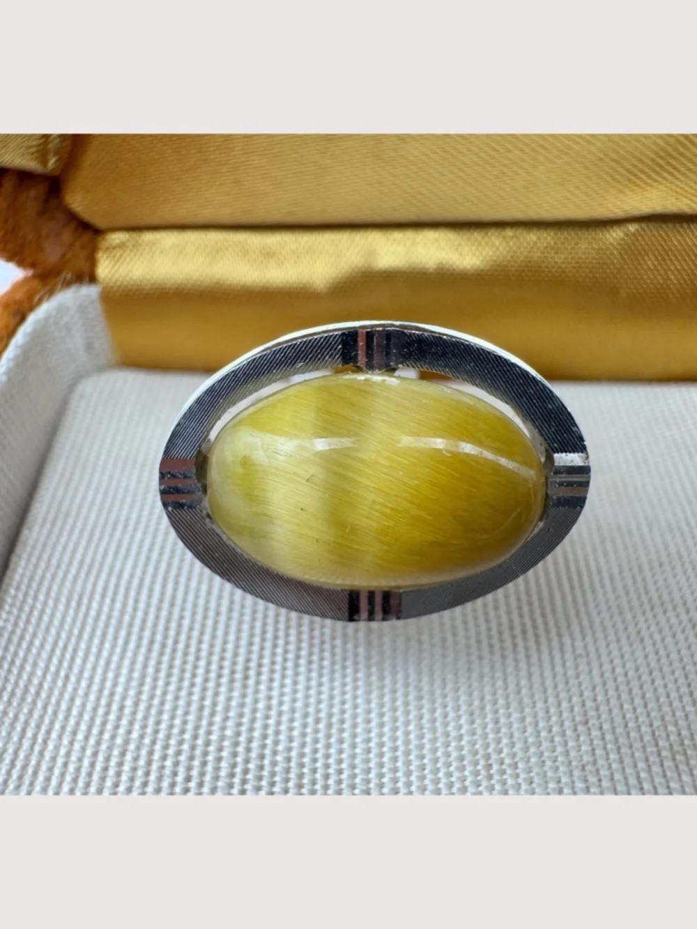 Vintage Yellow Cats Eye Cufflinks Tie Clip Set Silver Tone Japan Mens Formal Box
